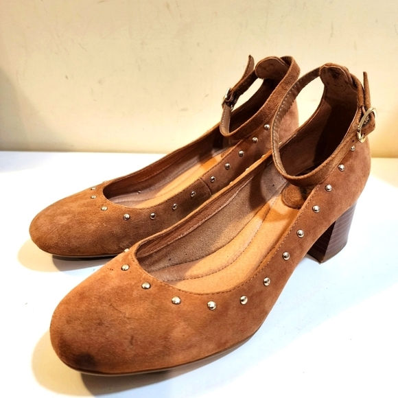 MONTANA tan Suede Leather Mary Jane block heels shoes size 9M - Picture 1 of 12